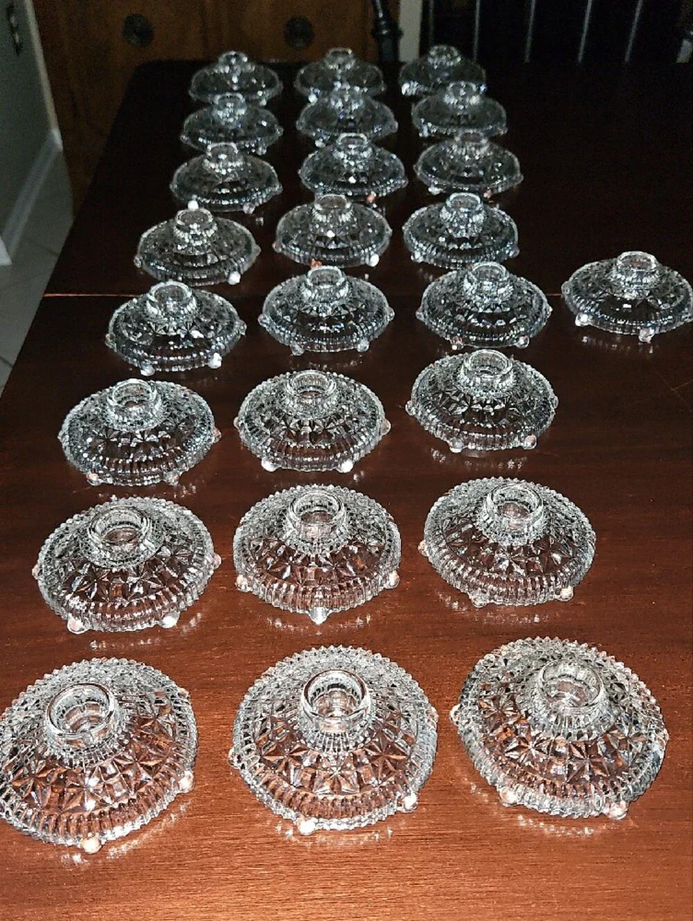 Set of 6 Footed Pressed Cut Glass Candle Stick Holders - Wedding Centerpiece